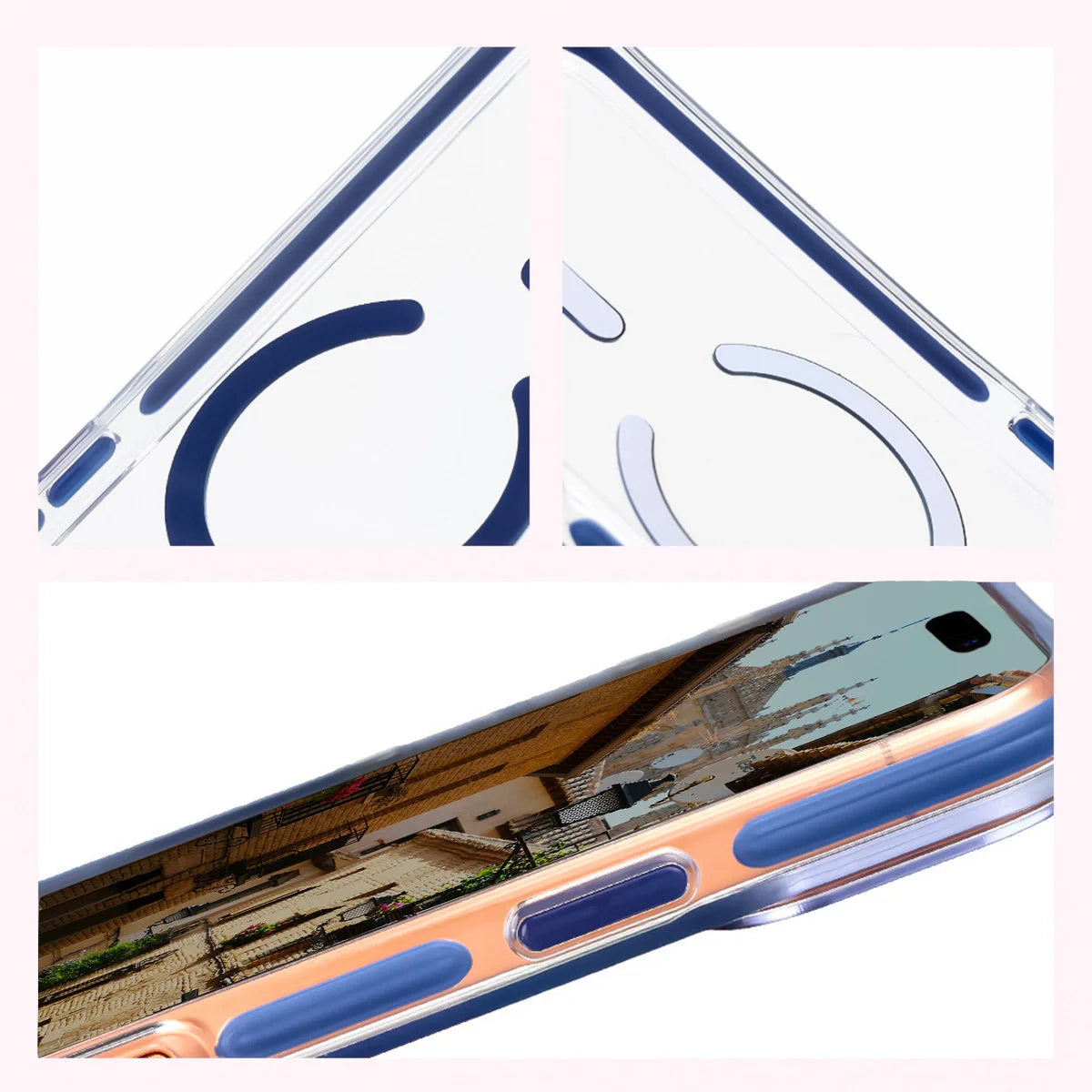 Handyhülle mit Magnetring für iPhone 17 Pro Max, Bizon Case Marco, Transparent mit blauem Rahmen