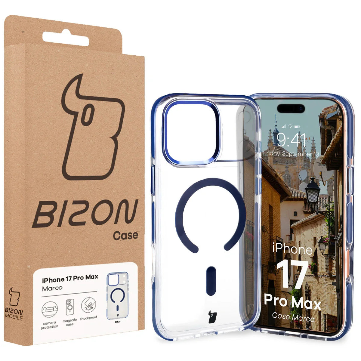 Handyhülle mit Magnetring für iPhone 17 Pro Max, Bizon Case Marco, Transparent mit blauem Rahmen