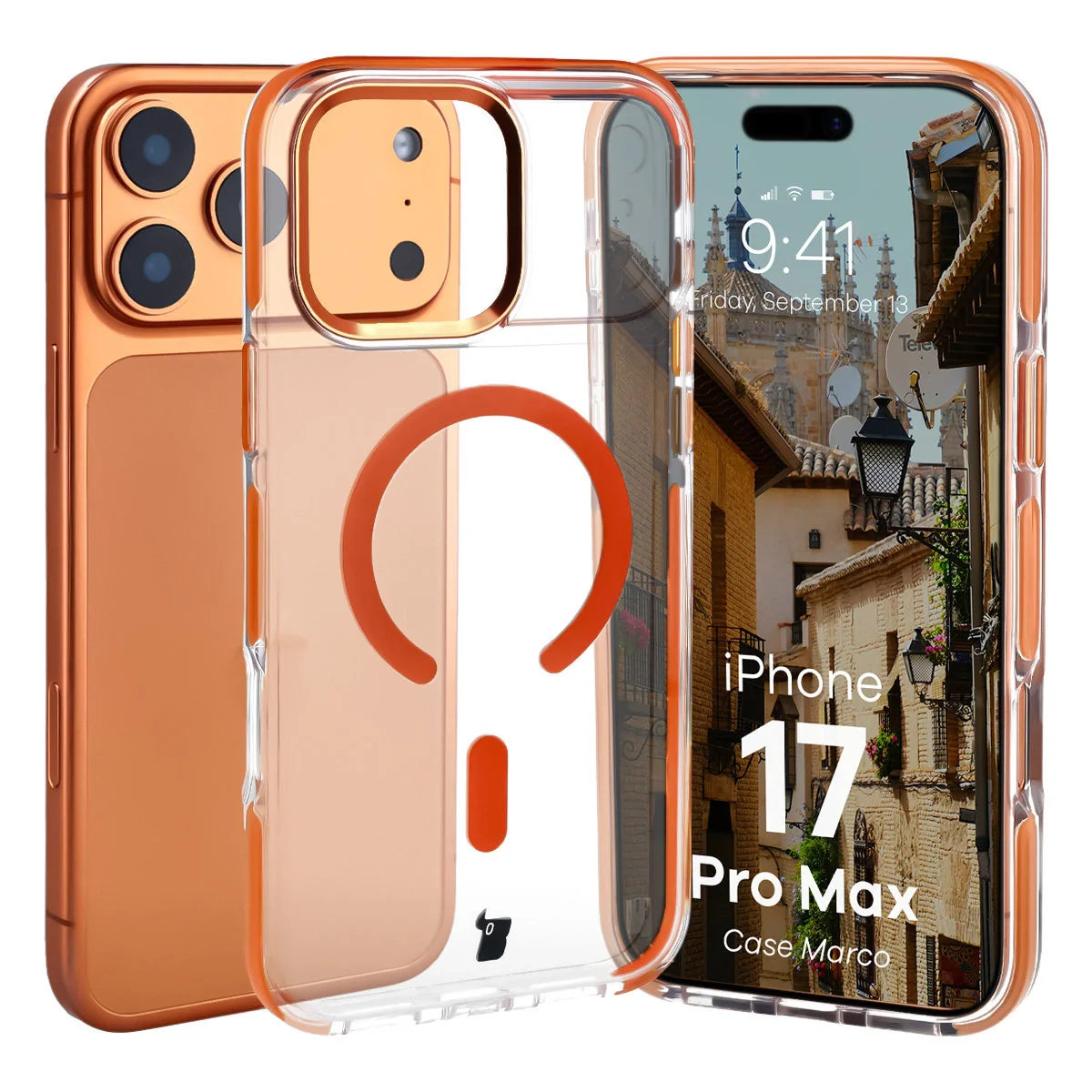 Handyhülle mit Magnetring für iPhone 17 Pro Max, Bizon Case Marco, Transparent mit orangem Rahmen