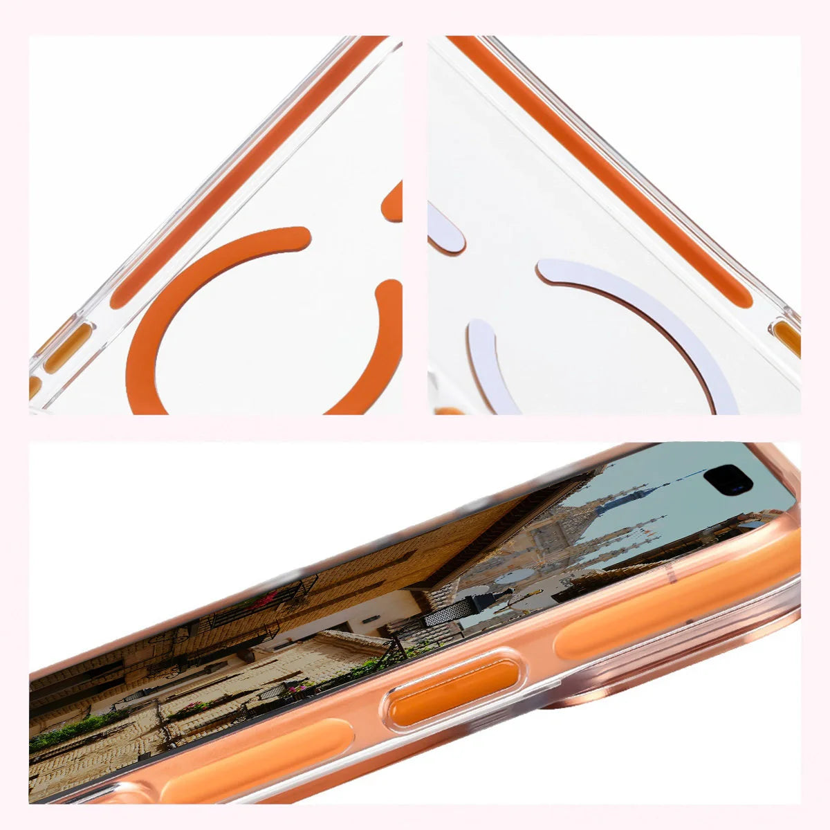 Handyhülle mit Magnetring für iPhone 17 Pro Max, Bizon Case Marco, Transparent mit orangem Rahmen