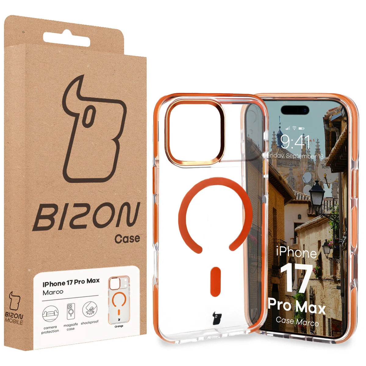 Handyhülle mit Magnetring für iPhone 17 Pro Max, Bizon Case Marco, Transparent mit orangem Rahmen