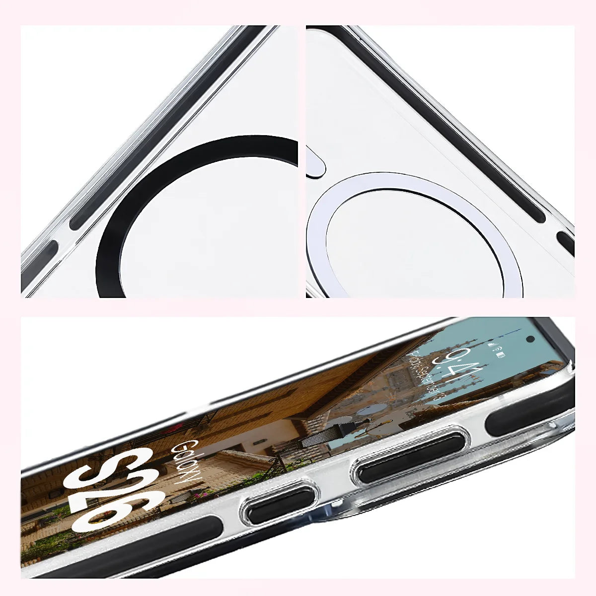Handyhülle mit Magnetring für Galaxy S26, Bizon Case Marco, Transparent mit schwarzem Rahmen