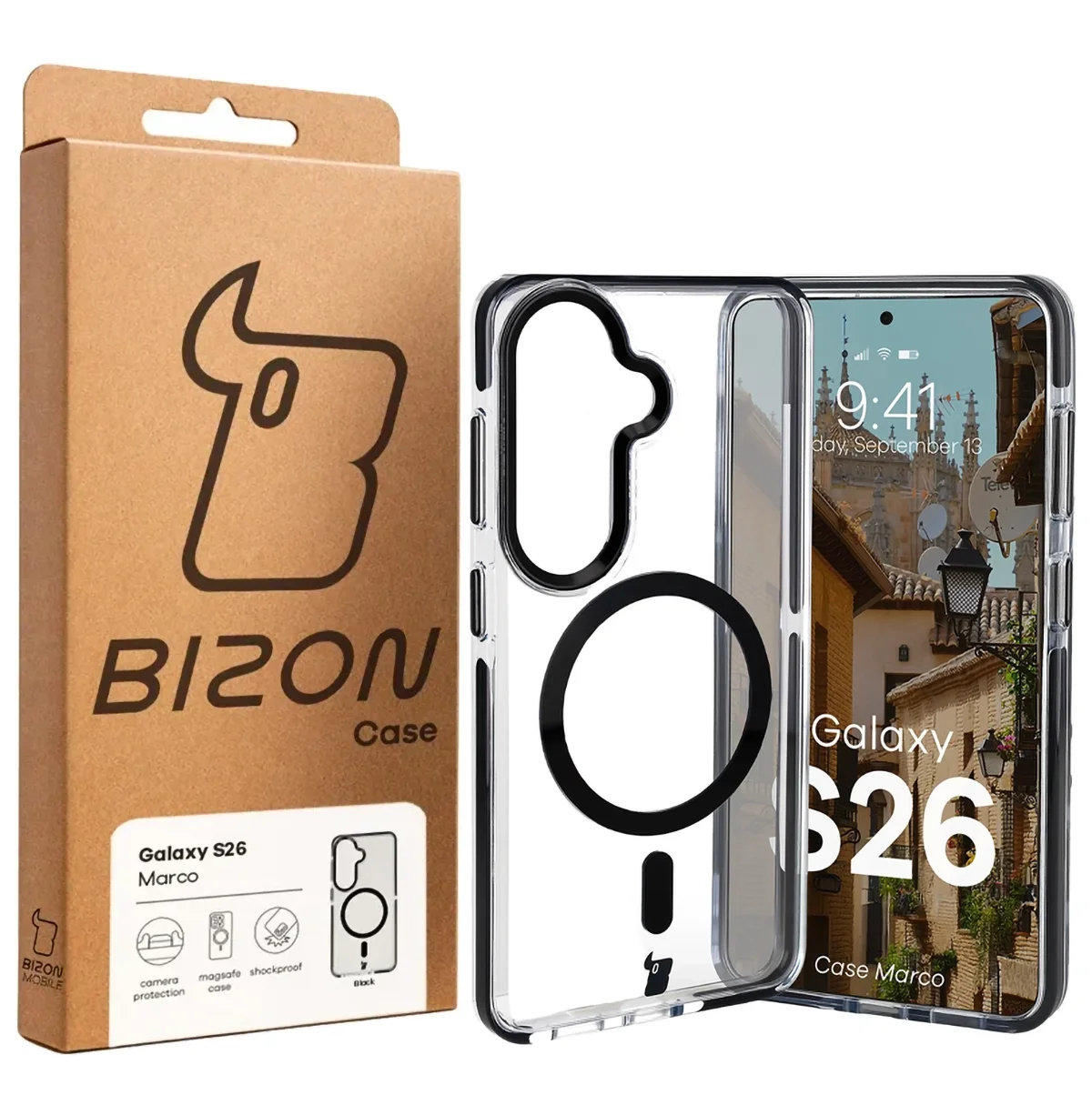 Handyhülle mit Magnetring für Galaxy S26, Bizon Case Marco, Transparent mit schwarzem Rahmen