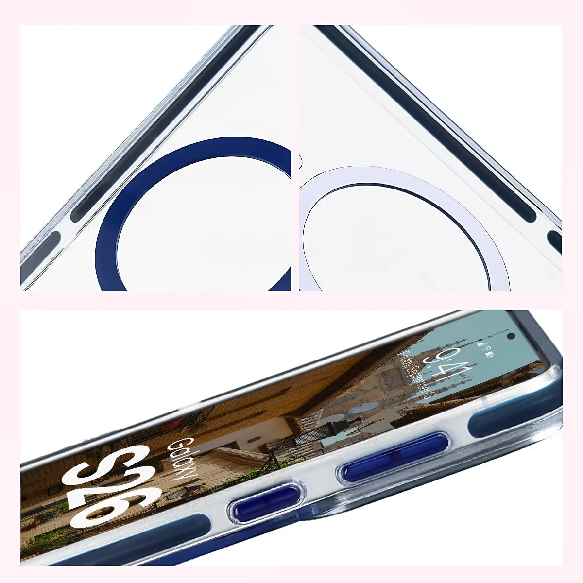 Handyhülle mit Magnetring für Galaxy S26, Bizon Case Marco, Transparent mit blauem Rahmen