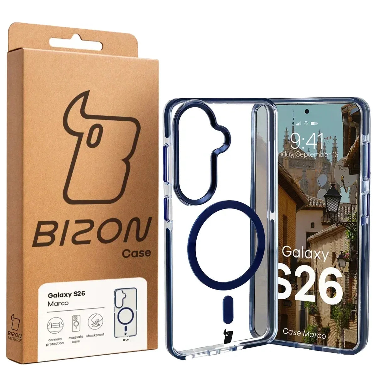 Handyhülle mit Magnetring für Galaxy S26, Bizon Case Marco, Transparent mit blauem Rahmen