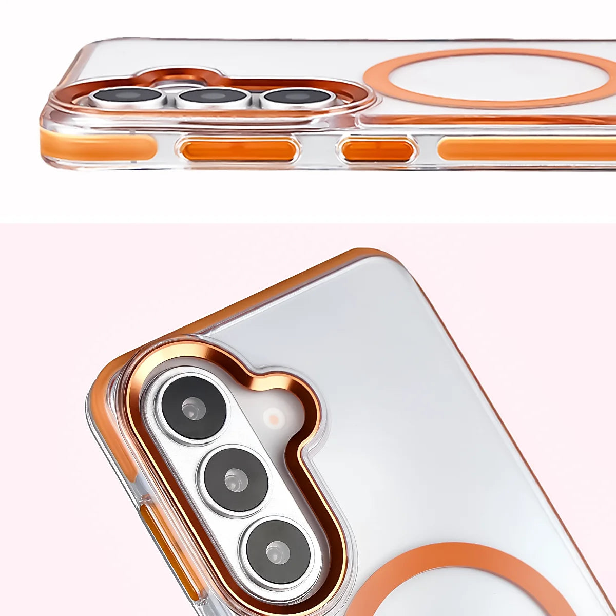 Handyhülle mit Magnetring für Galaxy S26, Bizon Case Marco, Transparent mit orangem Rahmen