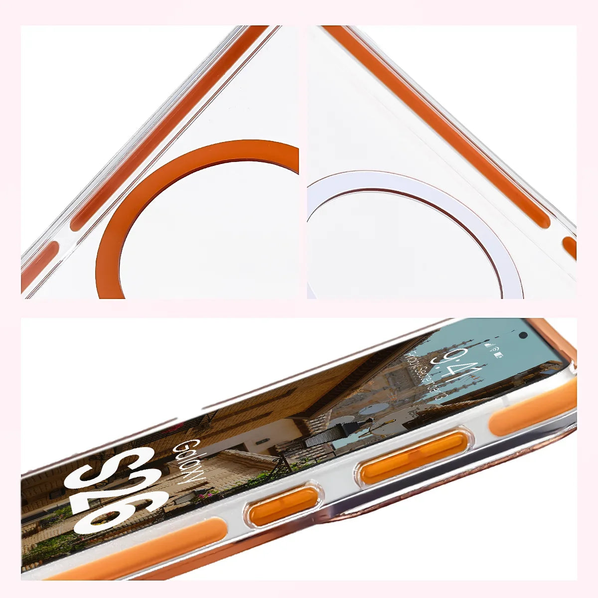 Handyhülle mit Magnetring für Galaxy S26, Bizon Case Marco, Transparent mit orangem Rahmen