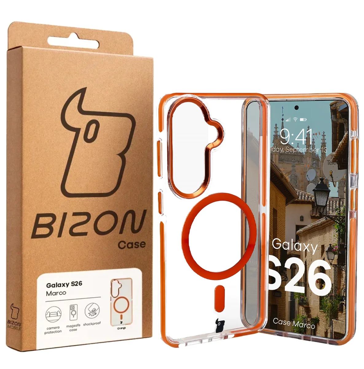 Handyhülle mit Magnetring für Galaxy S26, Bizon Case Marco, Transparent mit orangem Rahmen