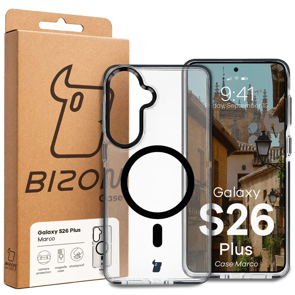 Handyhülle mit Magnetring für Galaxy S26 Plus, Bizon Case Marco, Transparent mit schwarzem Rahmen