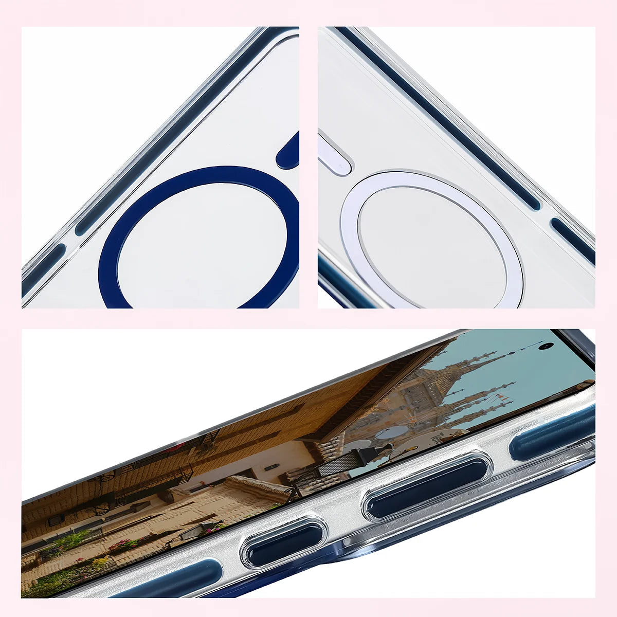 Handyhülle mit Magnetring für Galaxy S26 Plus, Bizon Case Marco, Transparent mit blauem Rahmen
