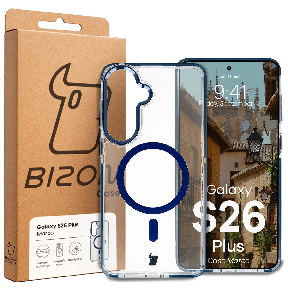 Handyhülle mit Magnetring für Galaxy S26 Plus, Bizon Case Marco, Transparent mit blauem Rahmen