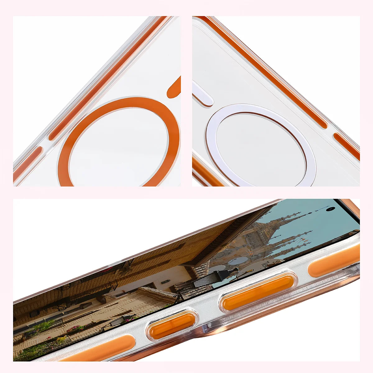 Handyhülle mit Magnetring für Galaxy S26 Plus, Bizon Case Marco, Transparent mit orangem Rahmen