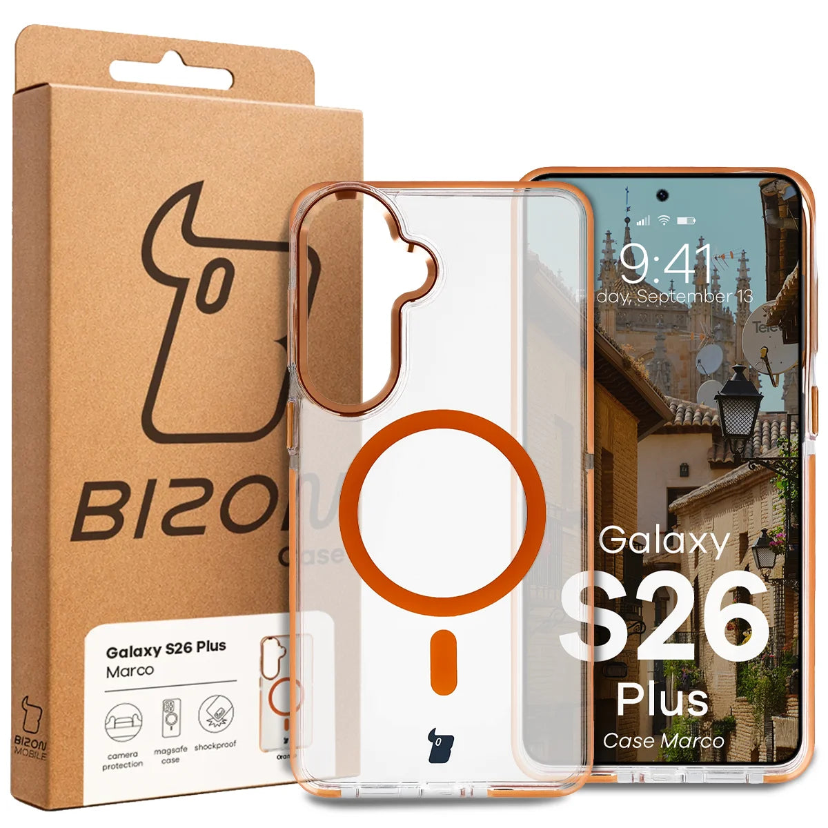 Handyhülle mit Magnetring für Galaxy S26 Plus, Bizon Case Marco, Transparent mit orangem Rahmen