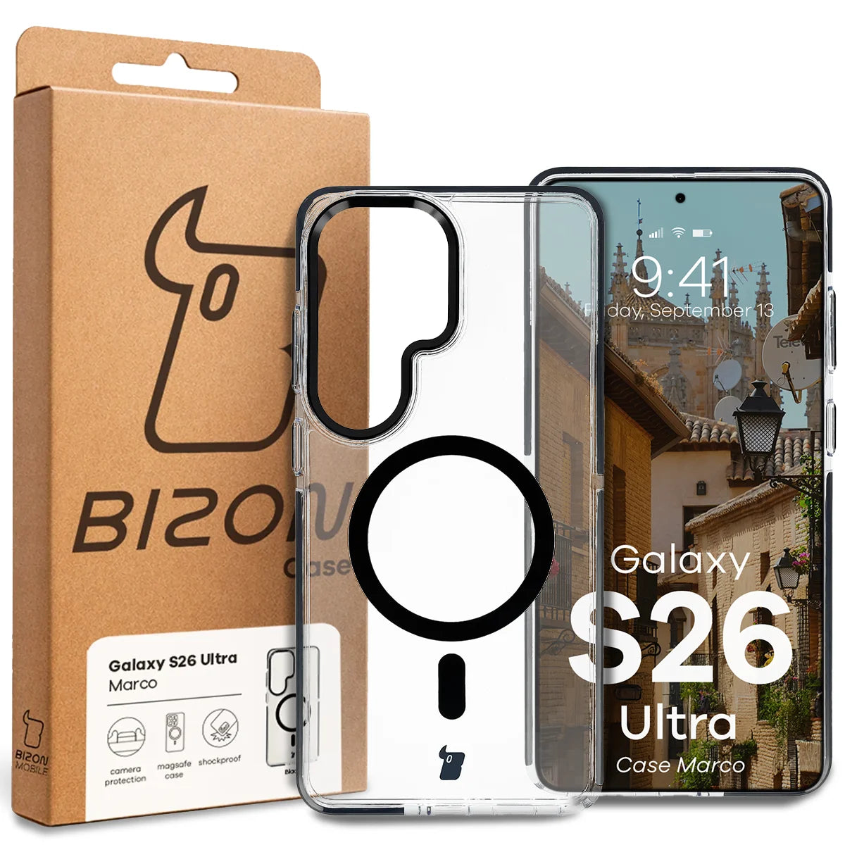 Handyhülle mit Magnetring für Galaxy S26 Ultra, Bizon Case Marco, Transparent mit schwarzem Rahmen