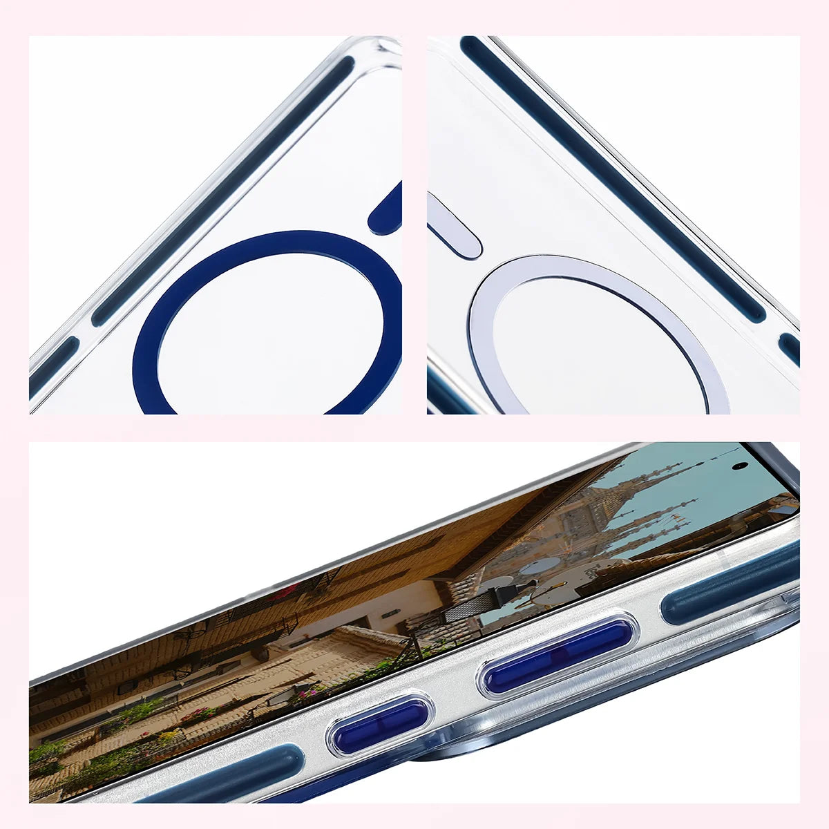 Handyhülle mit Magnetring für Galaxy S26 Ultra, Bizon Case Marco, Transparent mit blauem Rahmen