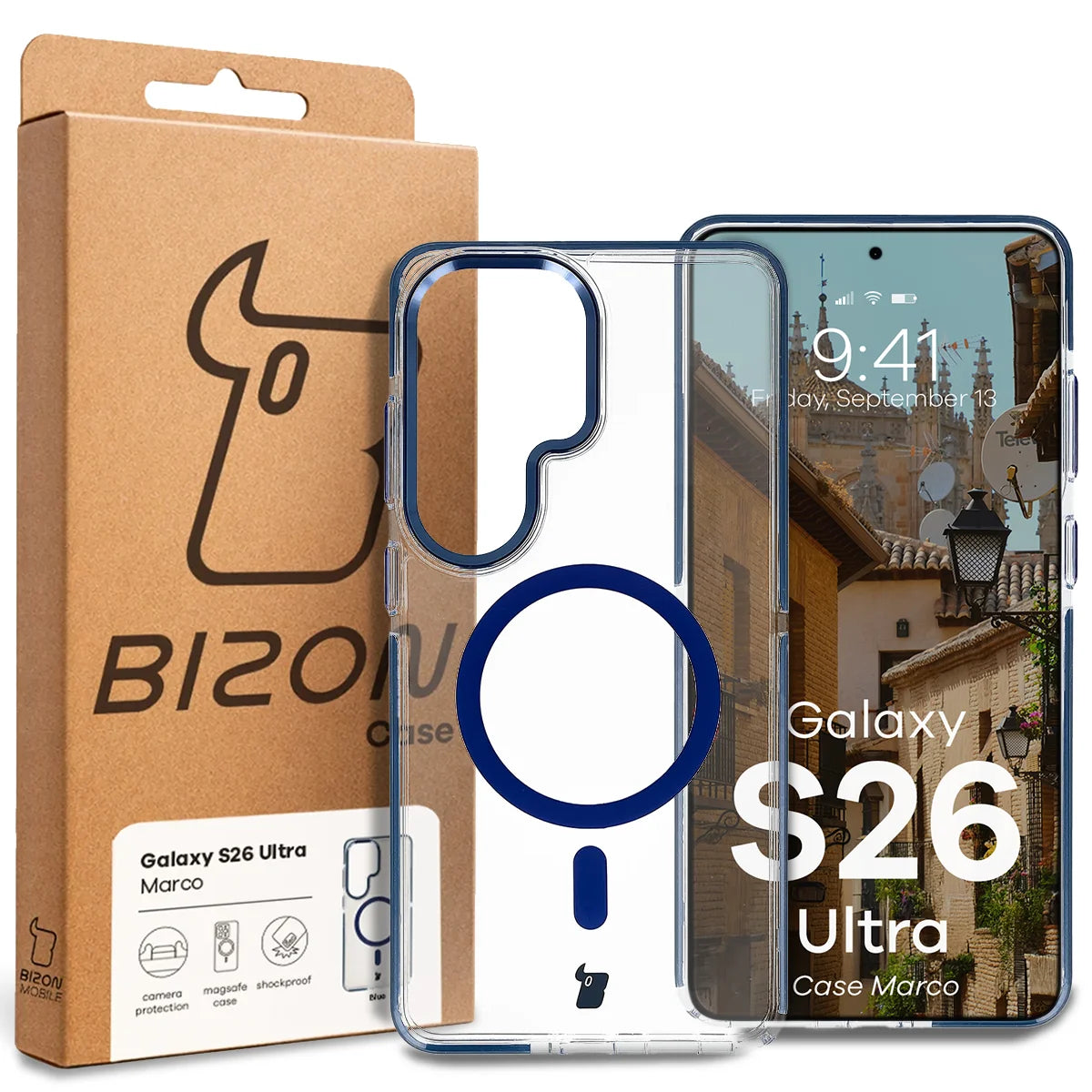 Handyhülle mit Magnetring für Galaxy S26 Ultra, Bizon Case Marco, Transparent mit blauem Rahmen
