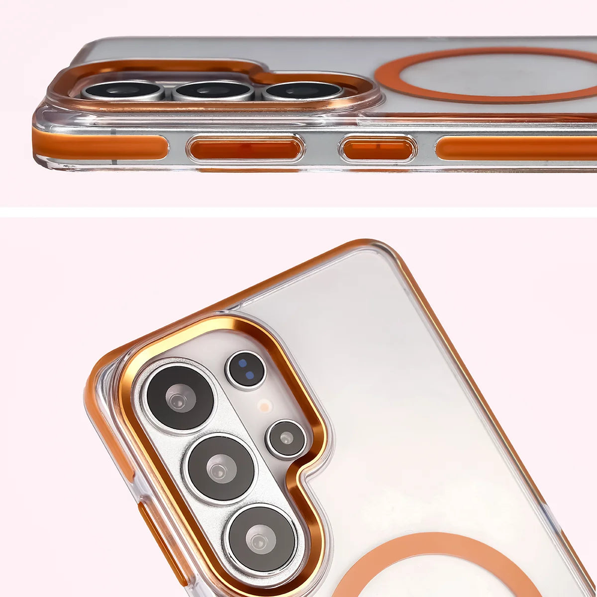 Handyhülle mit Magnetring für Galaxy S26 Ultra, Bizon Case Marco, Transparent mit orangem Rahmen