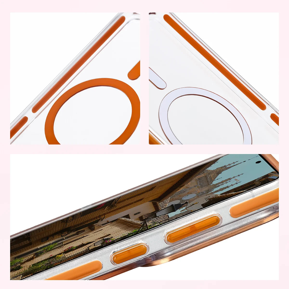 Handyhülle mit Magnetring für Galaxy S26 Ultra, Bizon Case Marco, Transparent mit orangem Rahmen