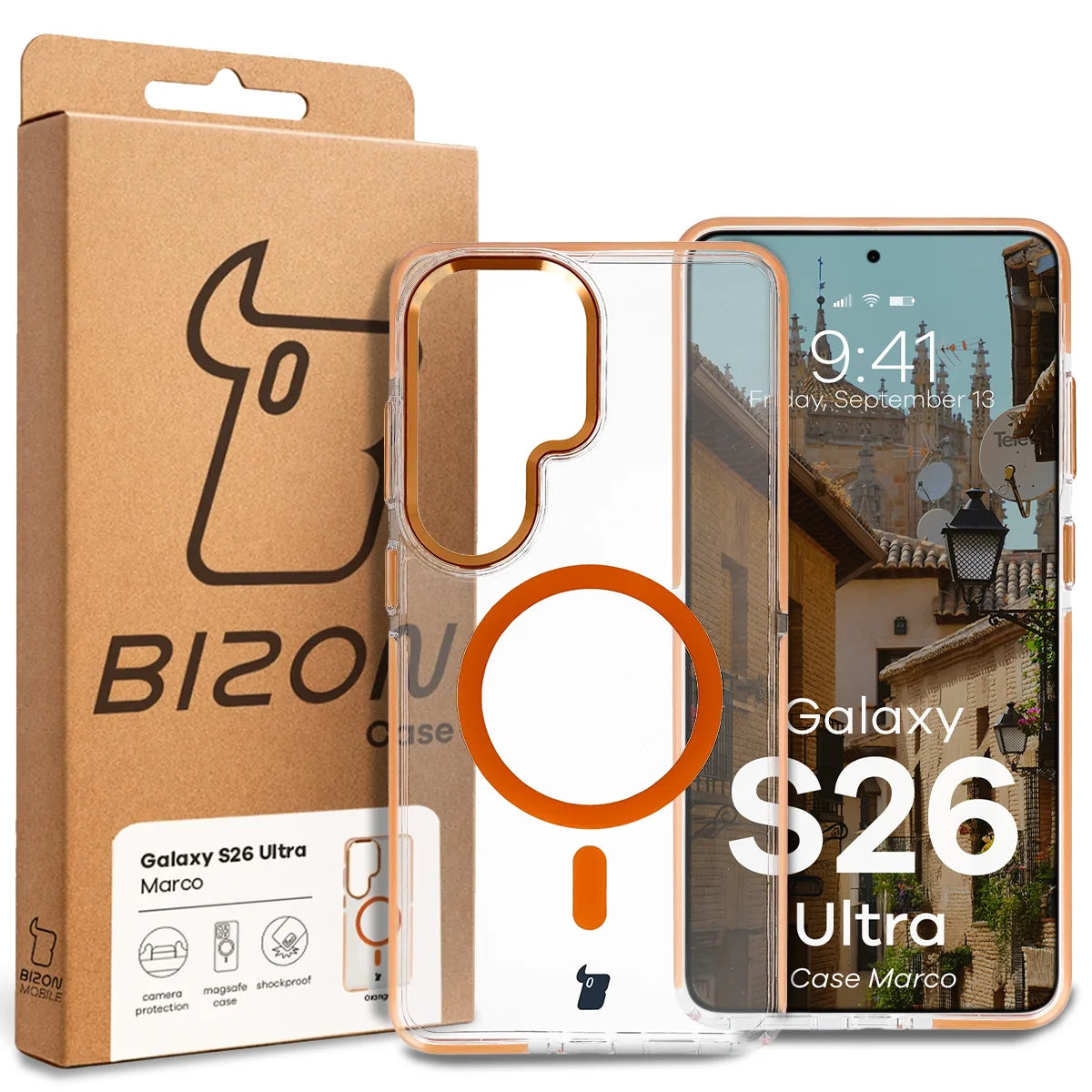 Handyhülle mit Magnetring für Galaxy S26 Ultra, Bizon Case Marco, Transparent mit orangem Rahmen