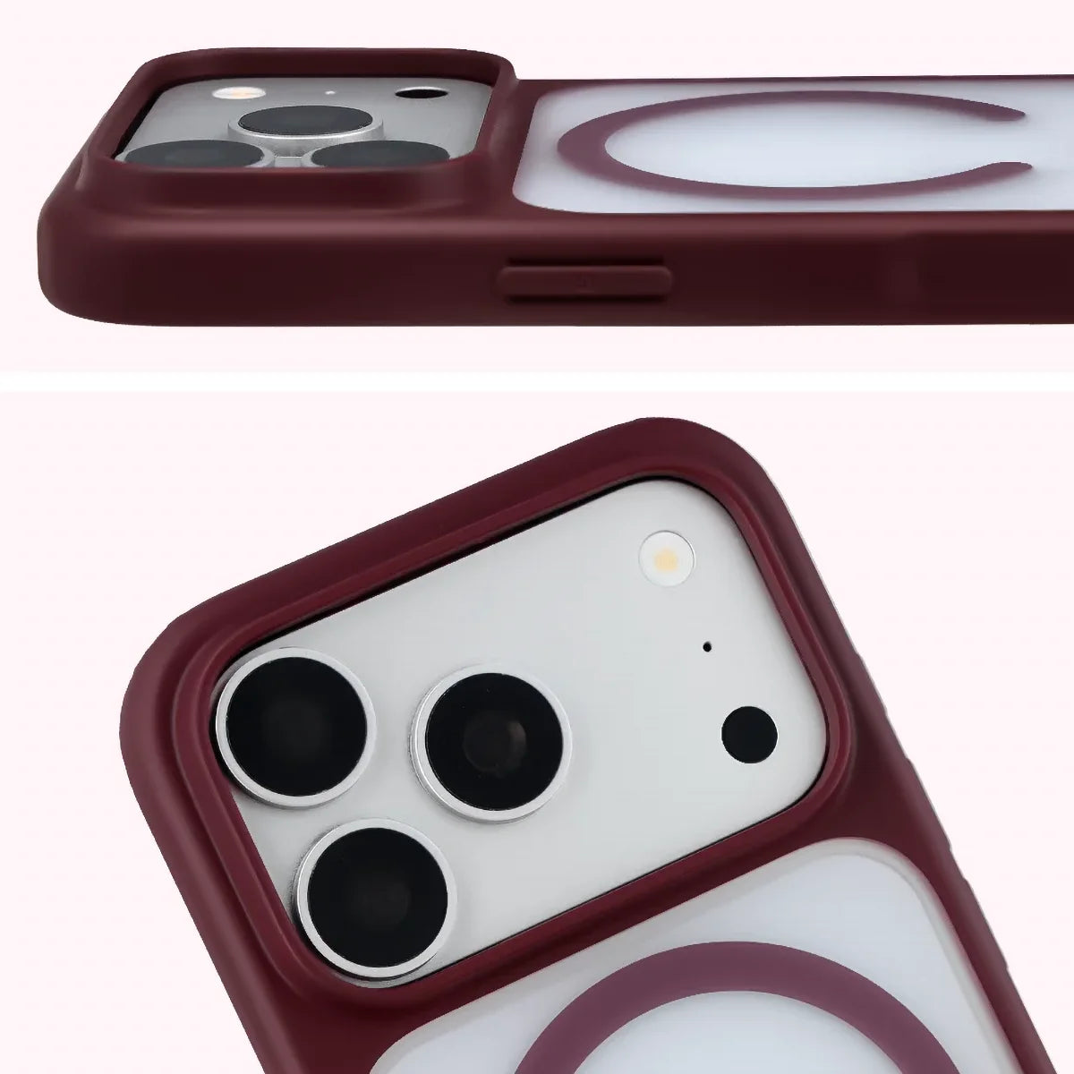 Handyhülle mit Magnetring für iPhone 18 Pro / 17 Pro, Bizon Case MatteO, Semitransparent mit burgunderrotem Rahmen (4/7)