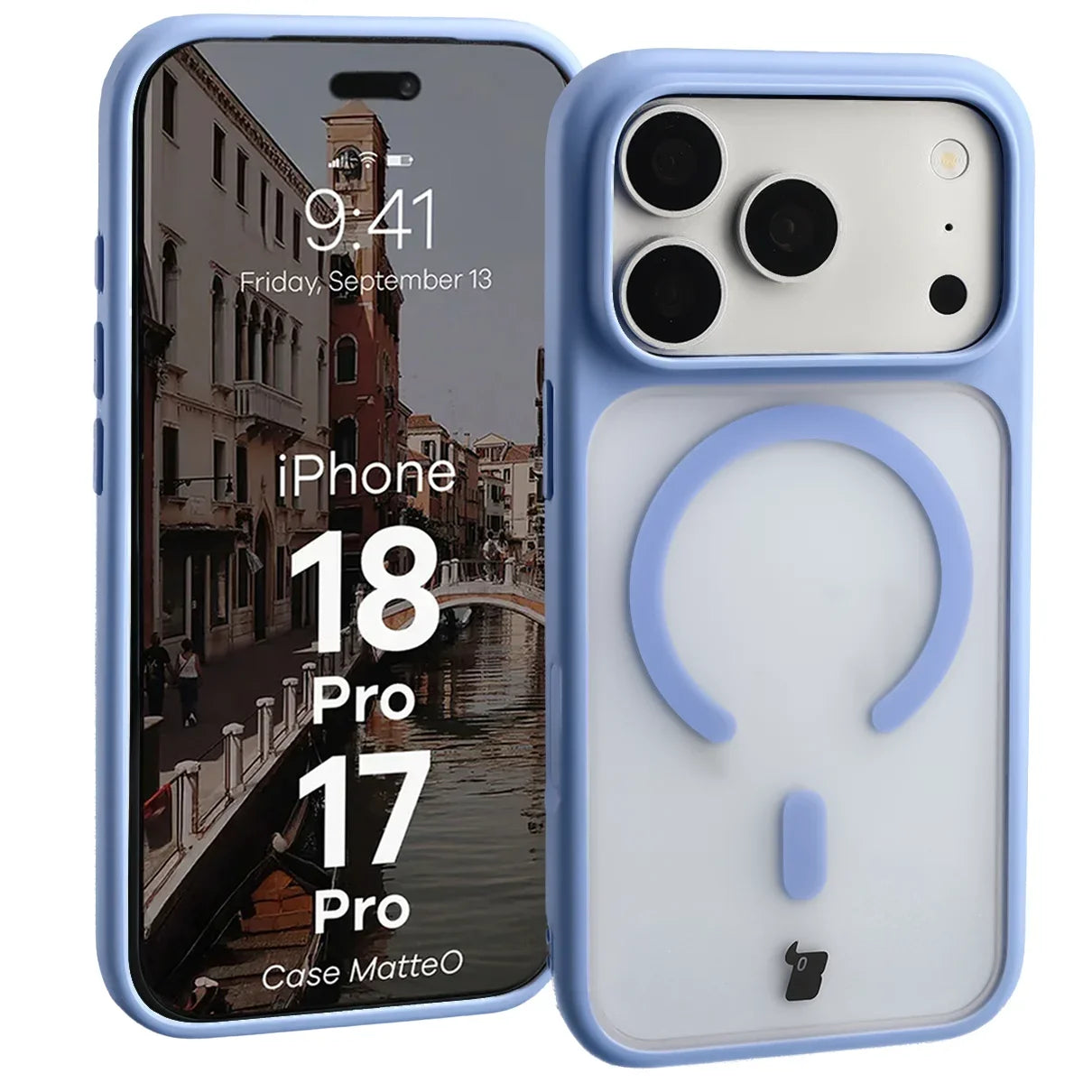 Handyhülle mit Magnetring für iPhone 18 Pro / 17 Pro, Bizon Case MatteO, Semitransparent mit hellblauem Rahmen (1/7)