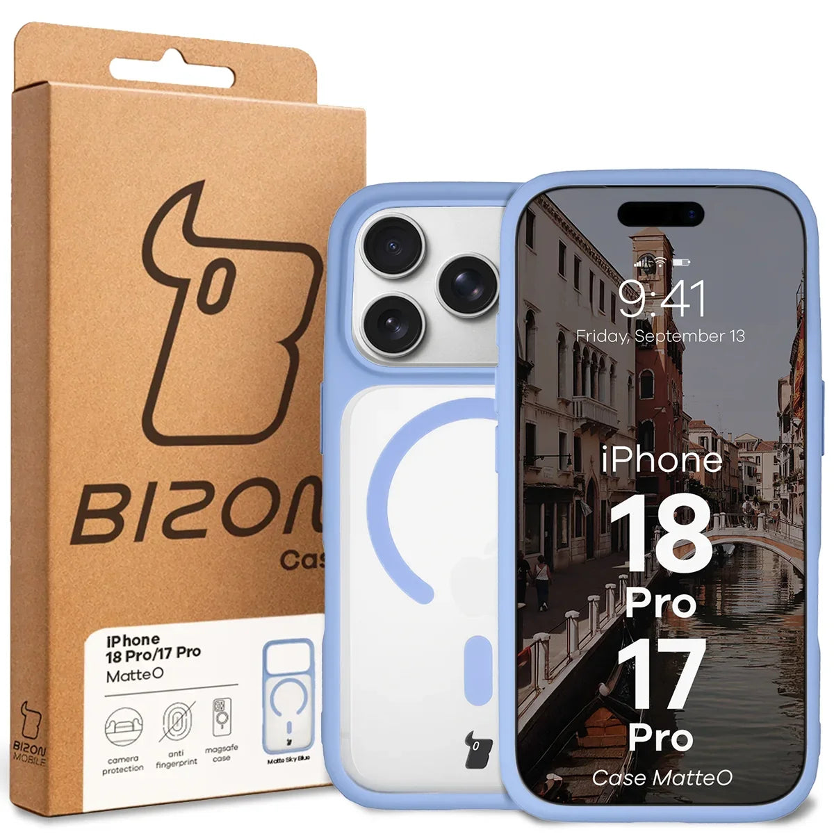 Handyhülle mit Magnetring für iPhone 18 Pro / 17 Pro, Bizon Case MatteO, Semitransparent mit hellblauem Rahmen (7/7)