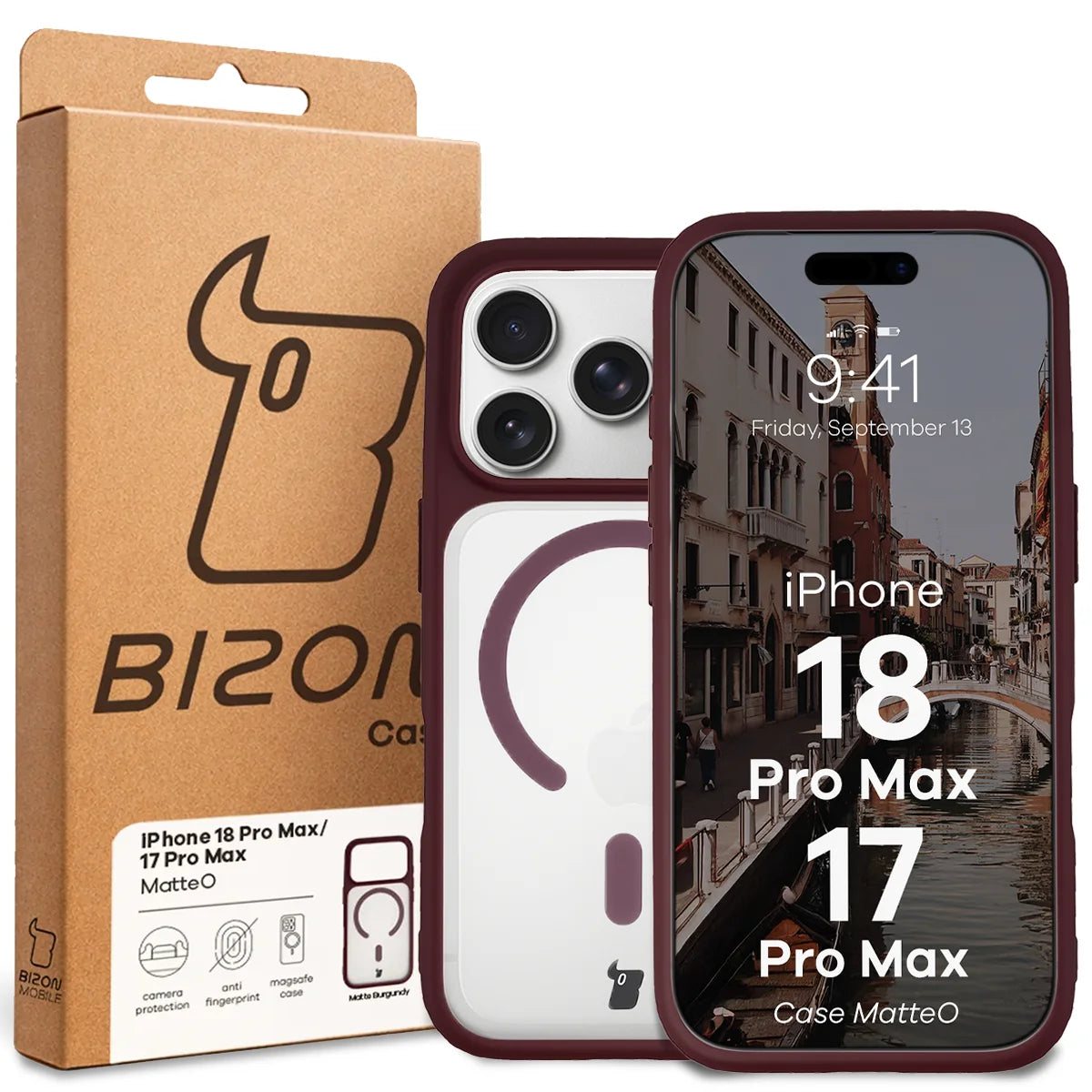 Handyhülle mit Magnetring für iPhone 18 Pro Max / 17 Pro Max, Bizon Case MatteO, Semitransparent mit burgunderrotem Rahmen (7/7)