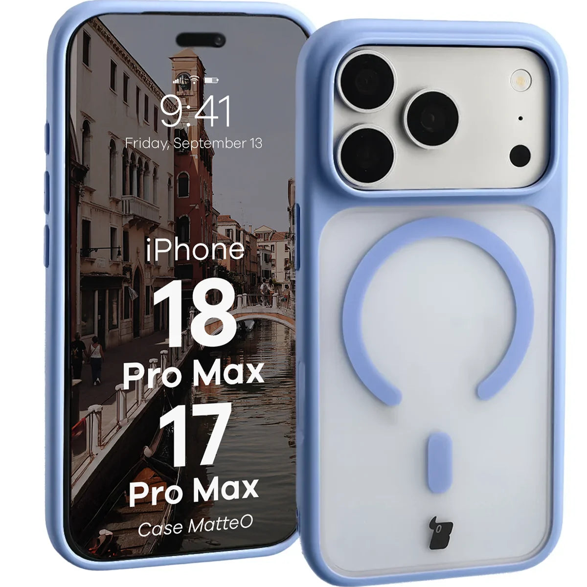 Handyhülle mit Magnetring für iPhone 18 Pro Max / 17 Pro Max, Bizon Case MatteO, Semitransparent mit hellblauem Rahmen (1/7)