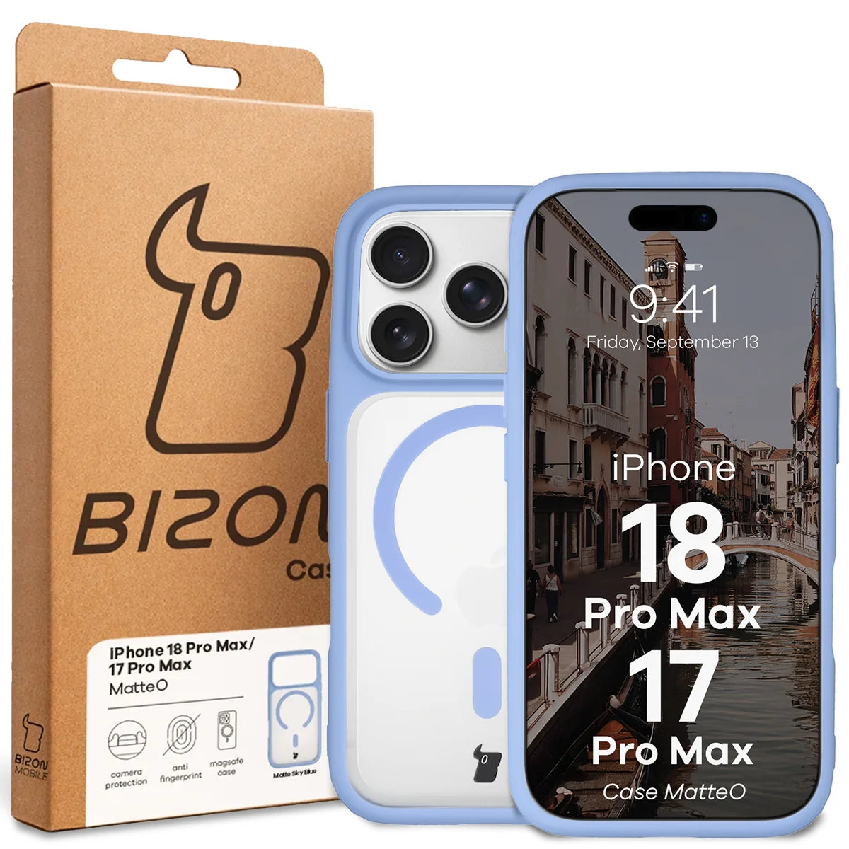 Handyhülle mit Magnetring für iPhone 18 Pro Max / 17 Pro Max, Bizon Case MatteO, Semitransparent mit hellblauem Rahmen (7/7)