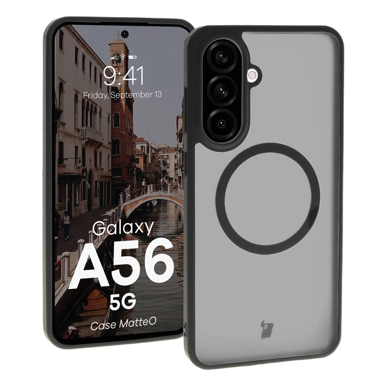 Handyhülle mit Magnetring für Galaxy A56 5G, Bizon Case MatteO, Semitransparent mit schwarzem Rand