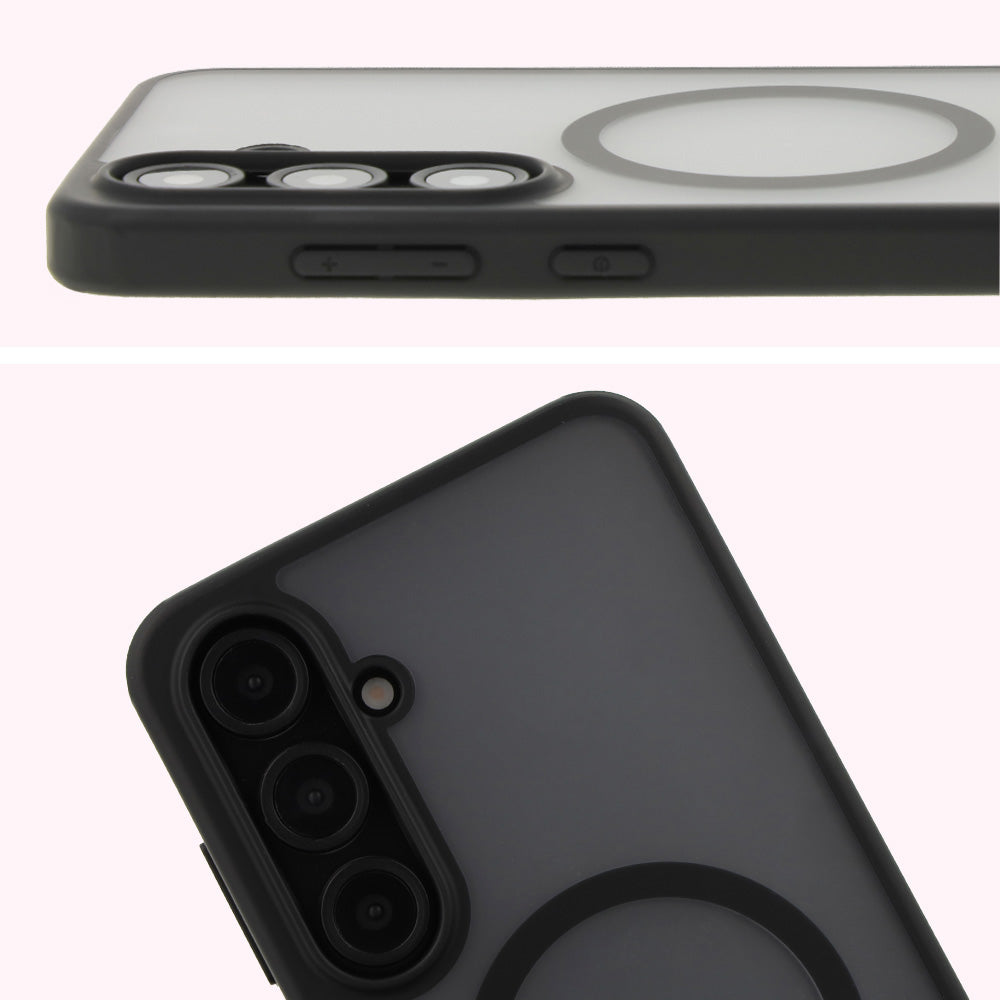 Handyhülle mit Magnetring für Galaxy S24 FE, Bizon Case MatteO, Semitransparent mit schwarzem Rand