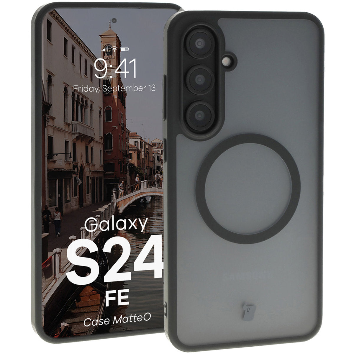 Handyhülle mit Magnetring für Galaxy S24 FE, Bizon Case MatteO, Semitransparent mit schwarzem Rand