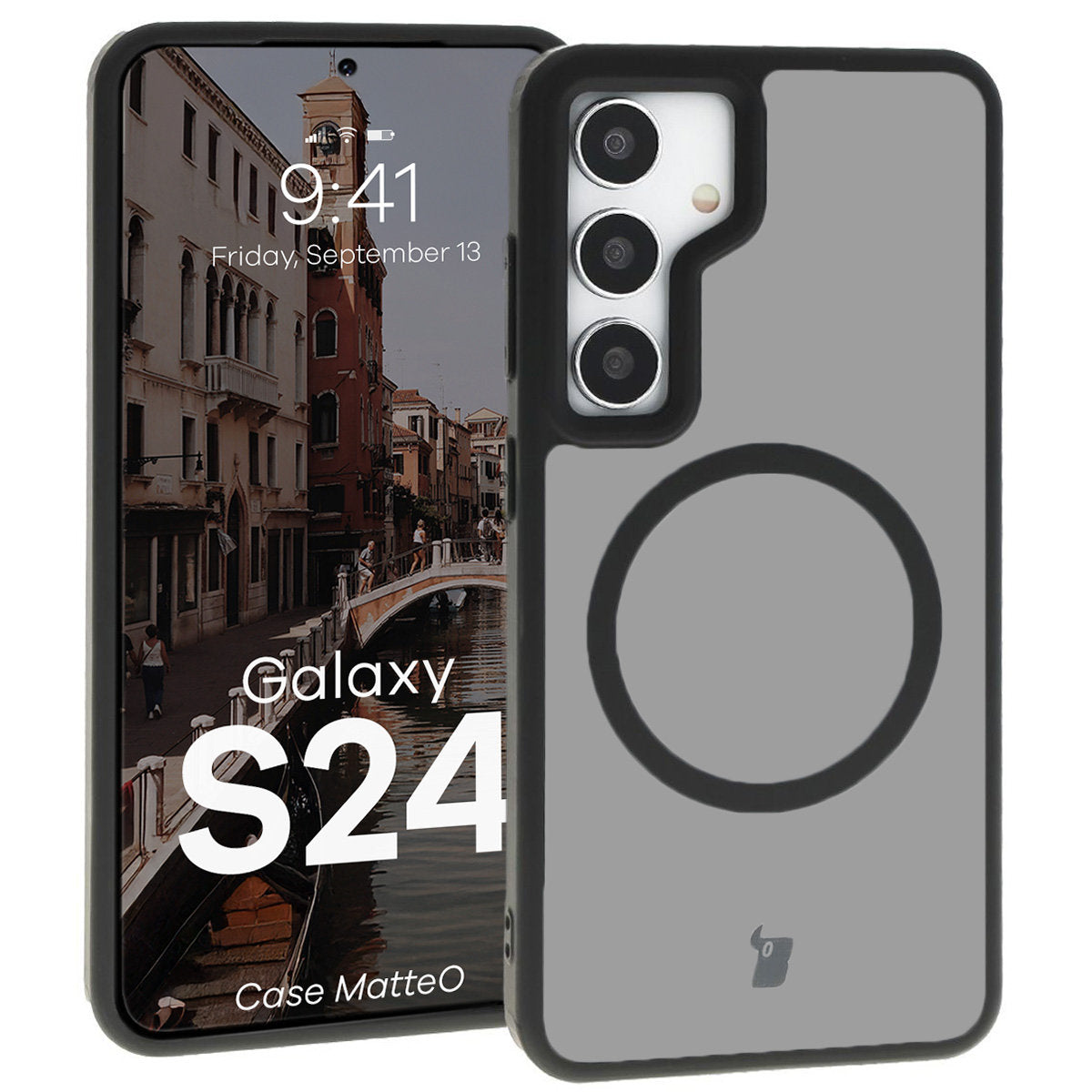 Handyhülle mit Magnetring für Galaxy S24, Bizon Case MatteO, Semitransparent mit schwarzem Rand