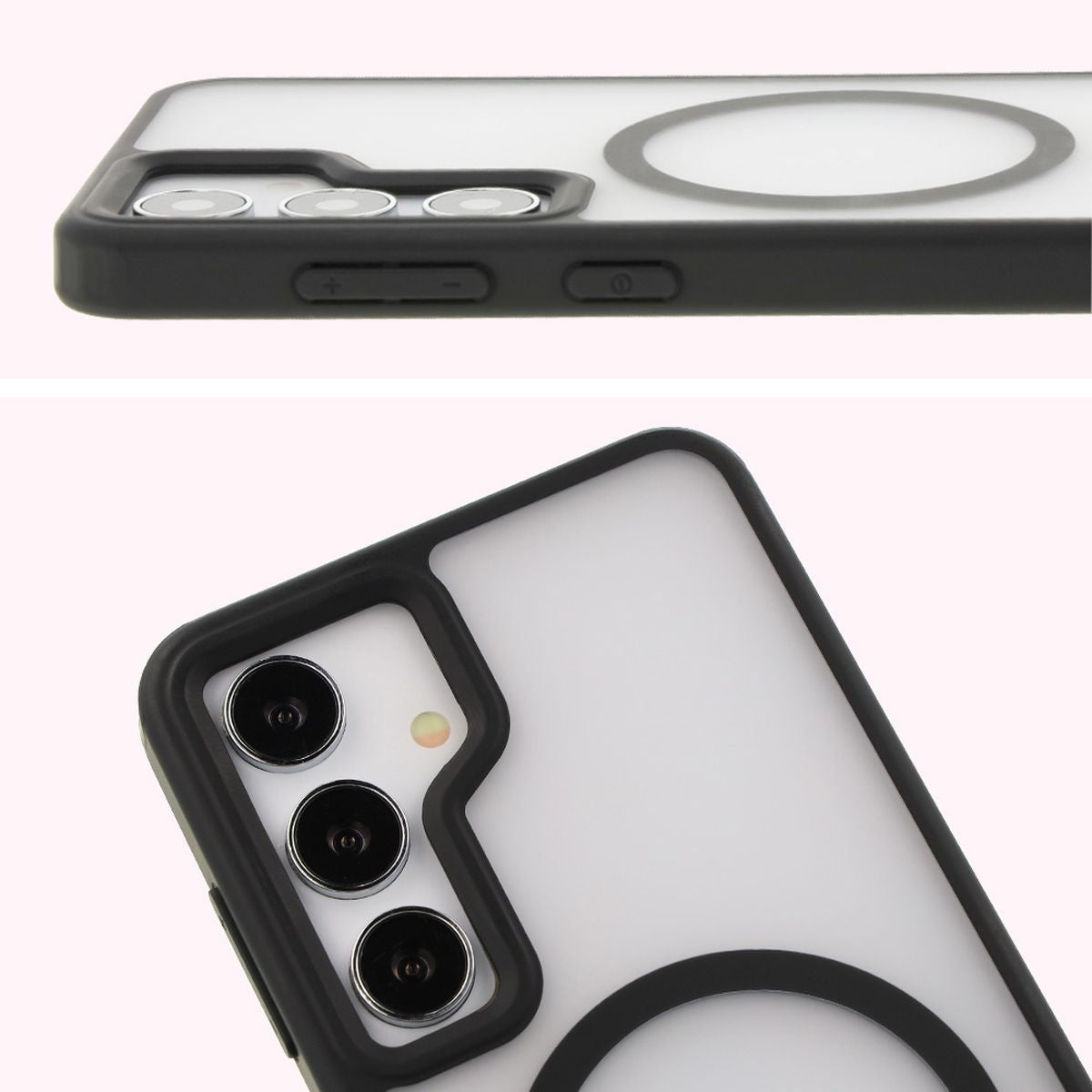 Handyhülle mit Magnetring für Galaxy S24, Bizon Case MatteO, Semitransparent mit schwarzem Rand