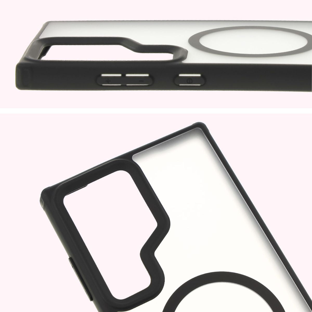 Handyhülle mit Magnetring für Galaxy S24 Ultra, Bizon Case MatteO, Semitransparent mit schwarzem Rand