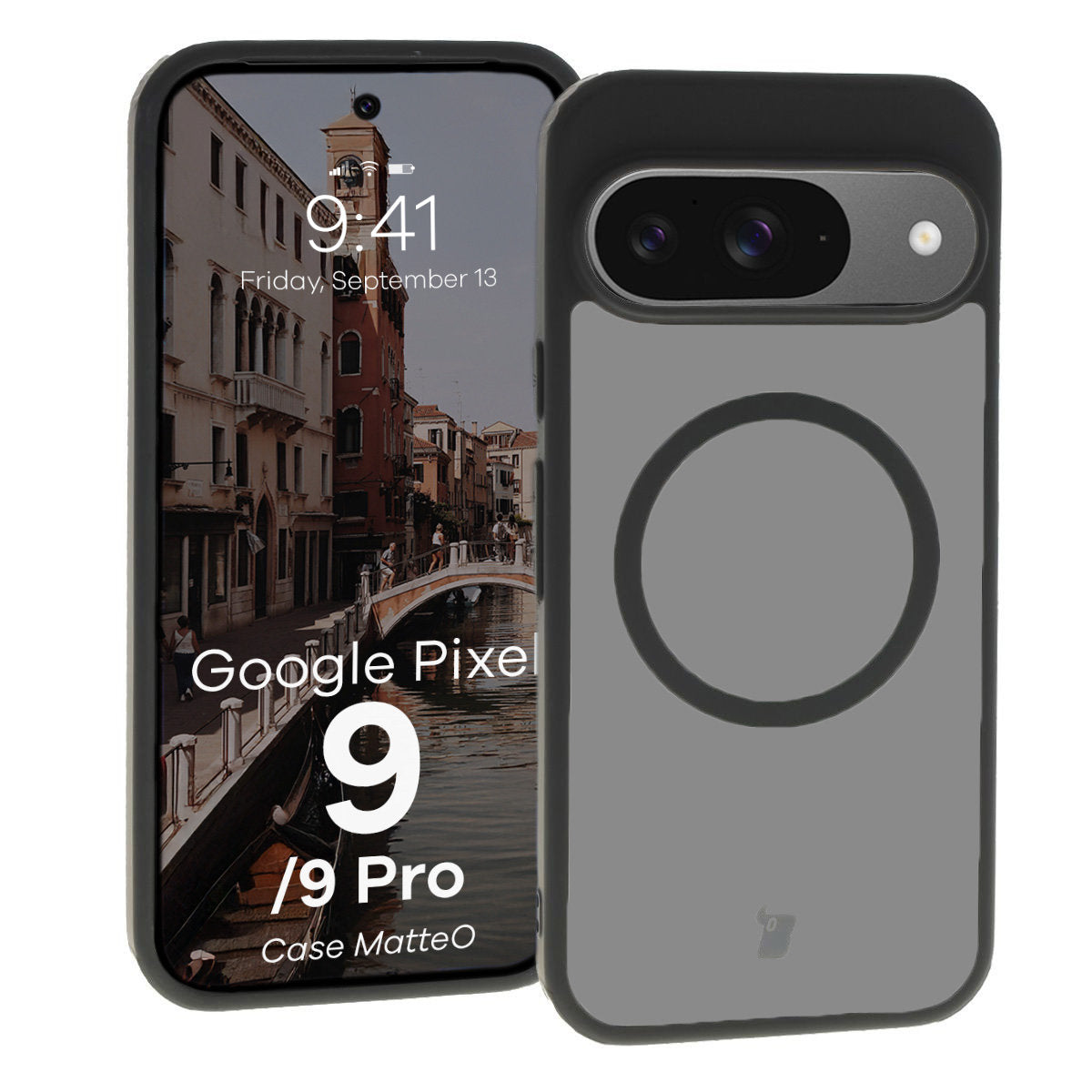 Handyhülle mit Magnetring für Google Pixel 9/9 Pro, Bizon Case MatteO, Semitransparent mit schwarzem Rand