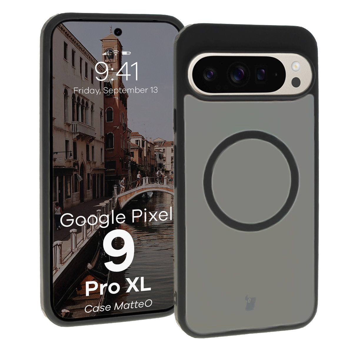 Handyhülle mit Magnetring für Google Pixel 9 Pro XL, Bizon Case MatteO, Semitransparent mit schwarzem Rand