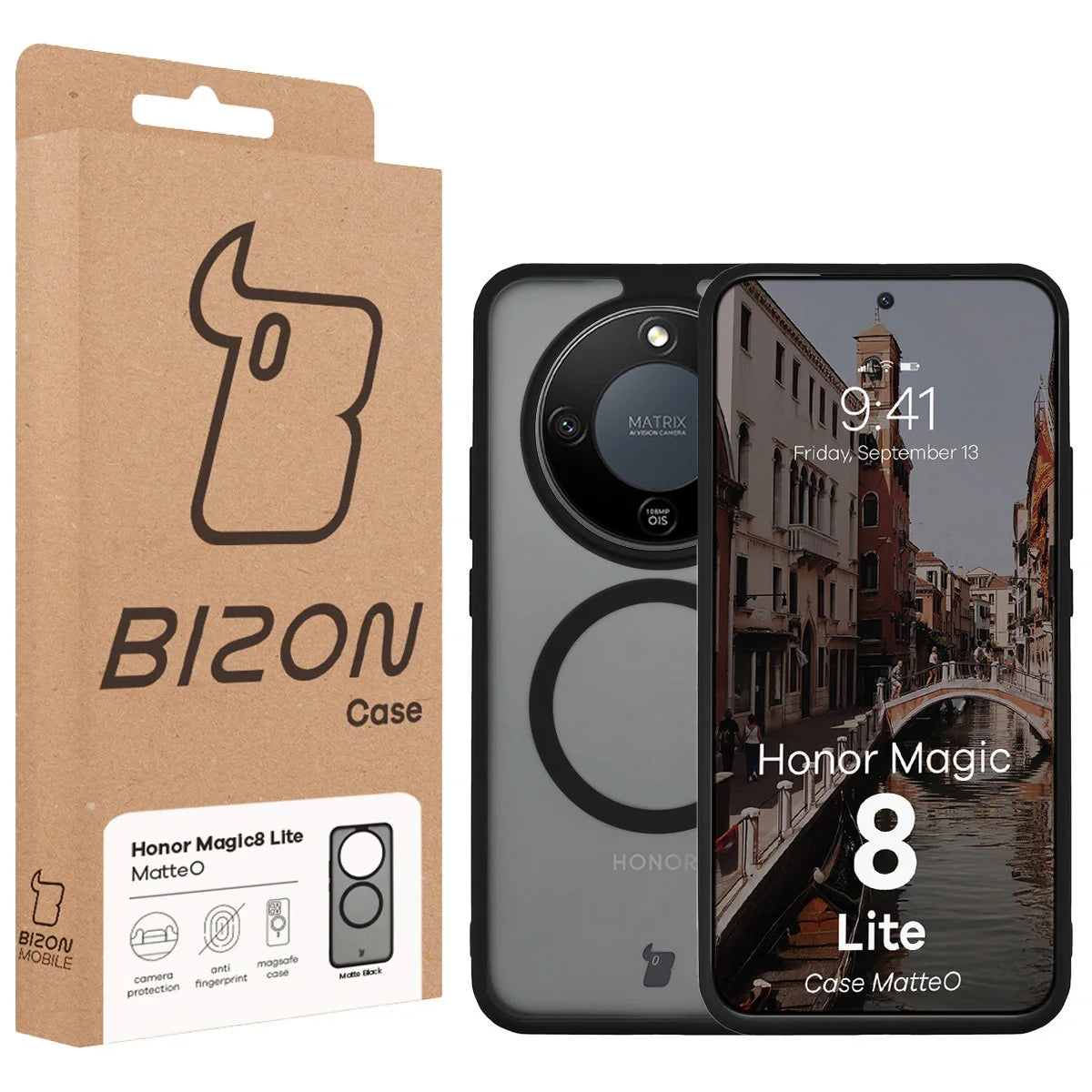 Handyhülle mit Magnetring für Honor Magic8 Lite, Bizon Case MatteO, Getönt-Schwarz
