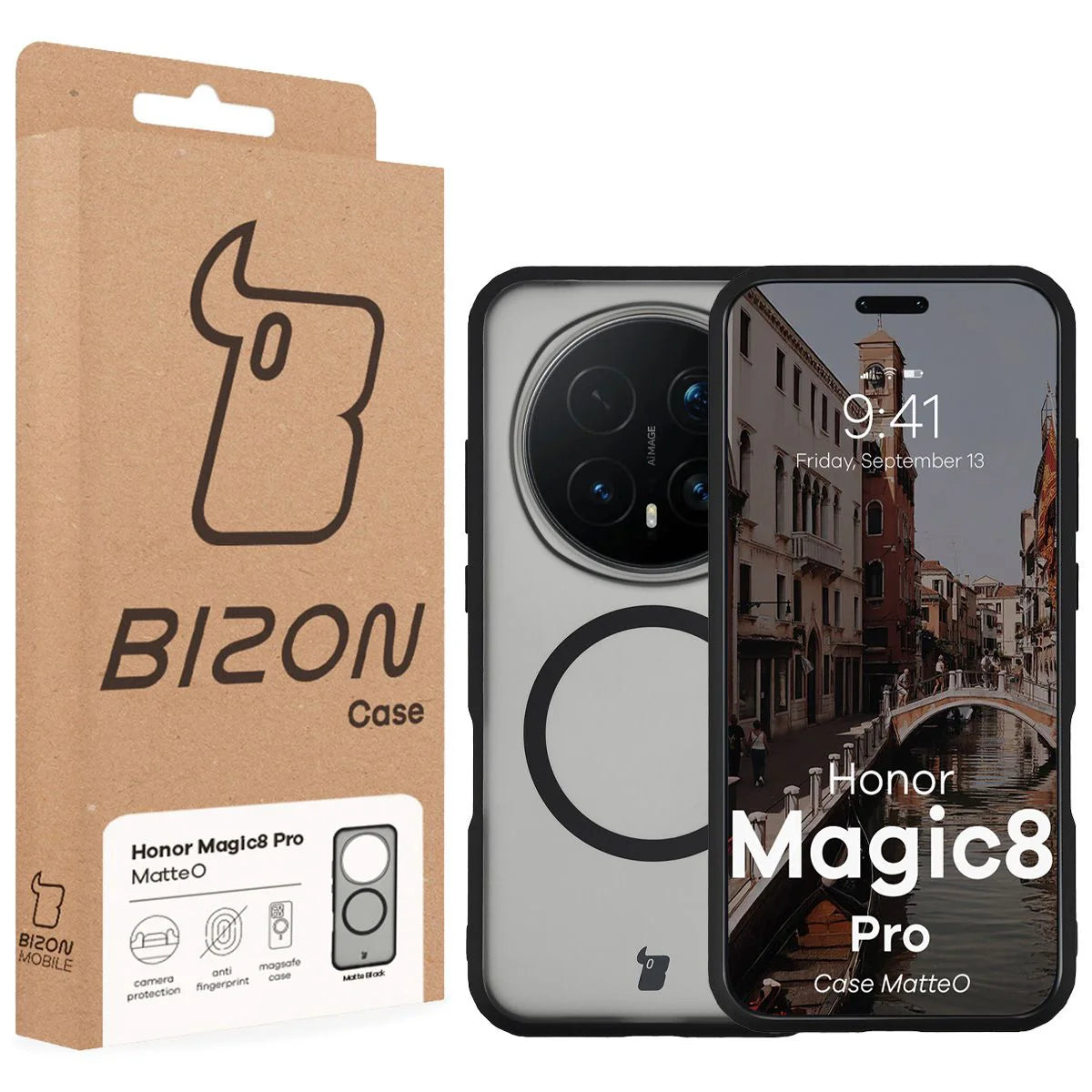 Handyhülle mit Magnetring für Honor Magic8 Pro, Bizon Case MatteO, Getönt-Schwarz