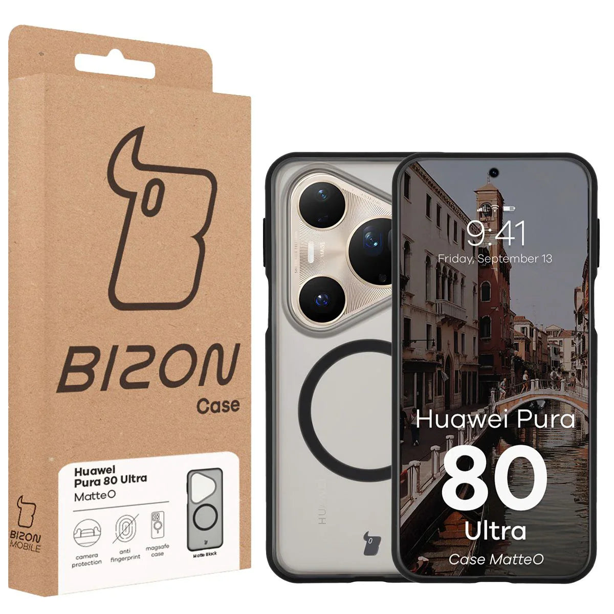 Handyhülle mit Magnetring für Huawei Pura 80 Ultra, Bizon Case MatteO, Getönt-Schwarz