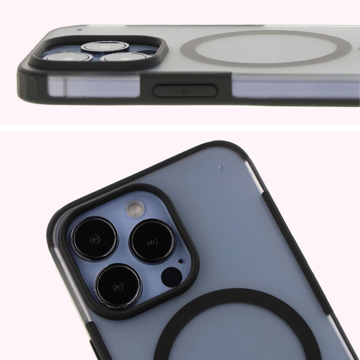 Handyhülle mit Magnetring für iPhone 13 Pro, Bizon Case MatteO, Semitransparent mit schwarzem Rand