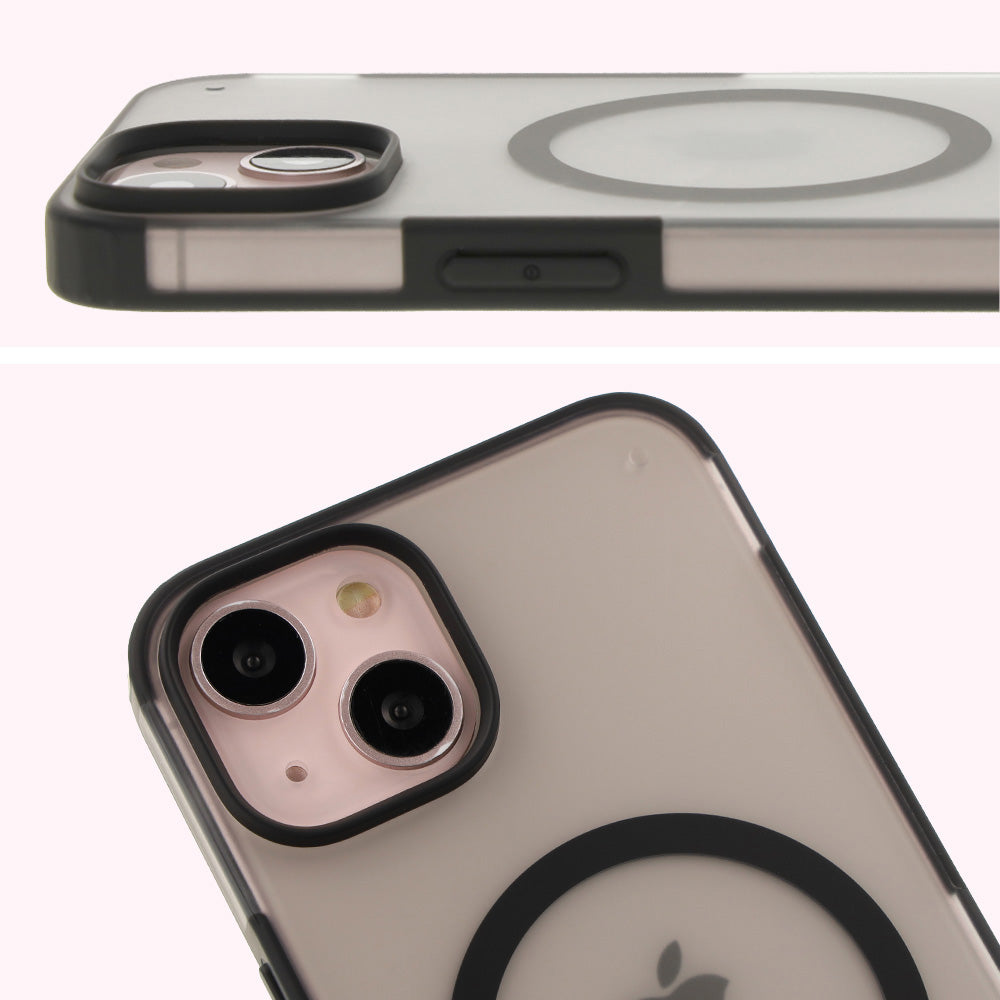 Handyhülle mit Magnetring für iPhone 14 / Phone 13, Bizon Case MatteO, Semitransparent mit schwarzem Rand