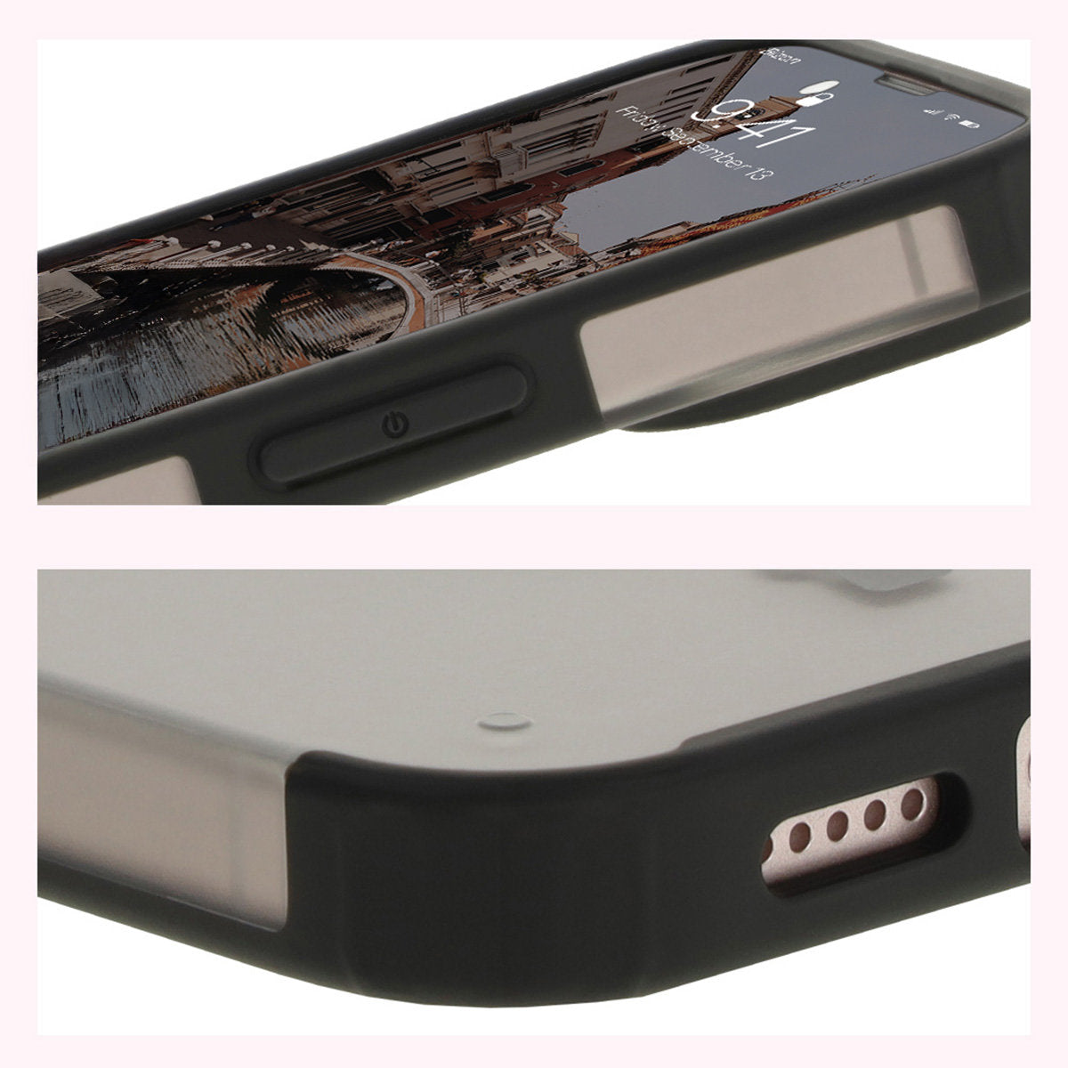 Handyhülle mit Magnetring für iPhone 14 / Phone 13, Bizon Case MatteO, Semitransparent mit schwarzem Rand