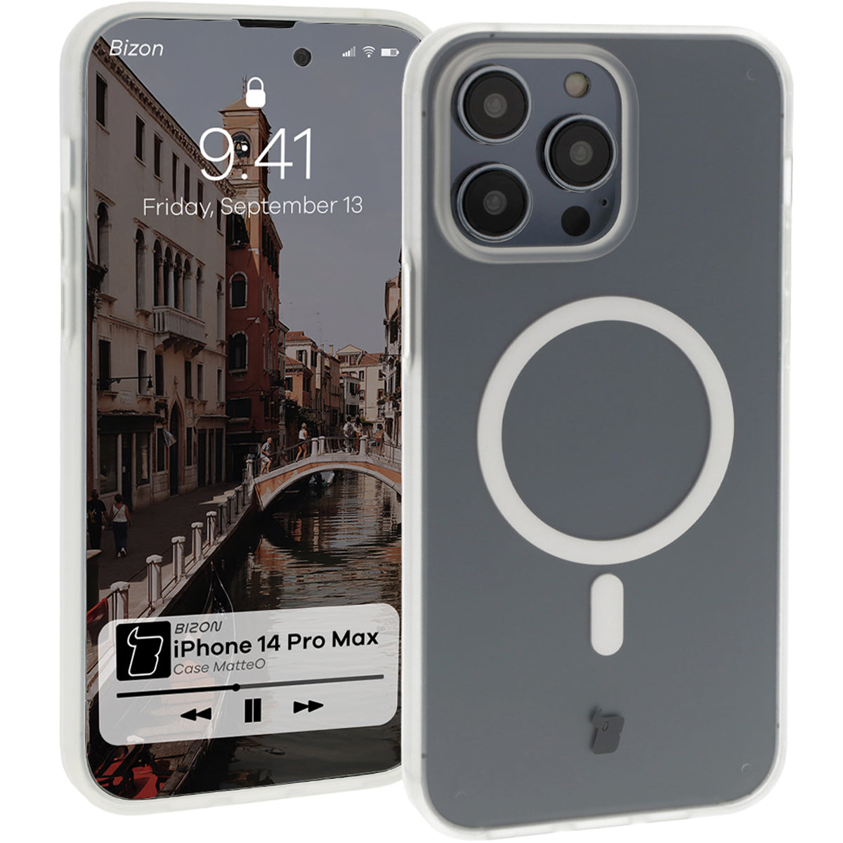 Handyhülle mit Magnetring für iPhone 14 Pro Max, Bizon Case MatteO, Semitransparent mit transparentem Rahmen