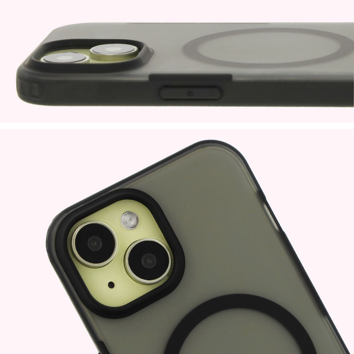 Handyhülle mit Magnetring für iPhone 15, Bizon Case MatteO, Semitransparent mit schwarzem Rand