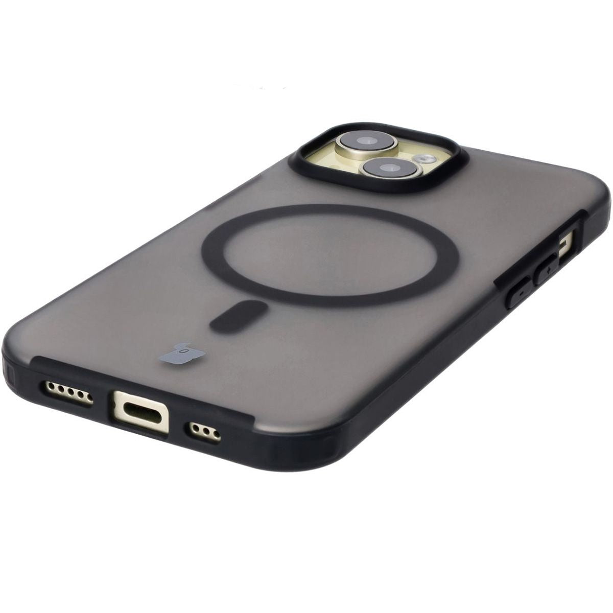 Handyhülle mit Magnetring für iPhone 15, Bizon Case MatteO, Semitransparent mit schwarzem Rand