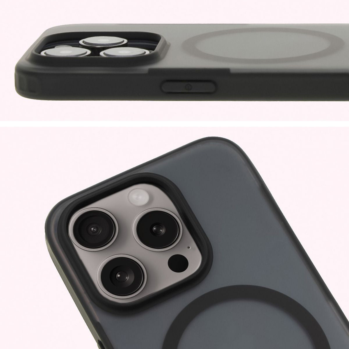 Handyhülle mit Magnetring für iPhone 15 Pro, Bizon Case MatteO, Semitransparent mit schwarzem Rand