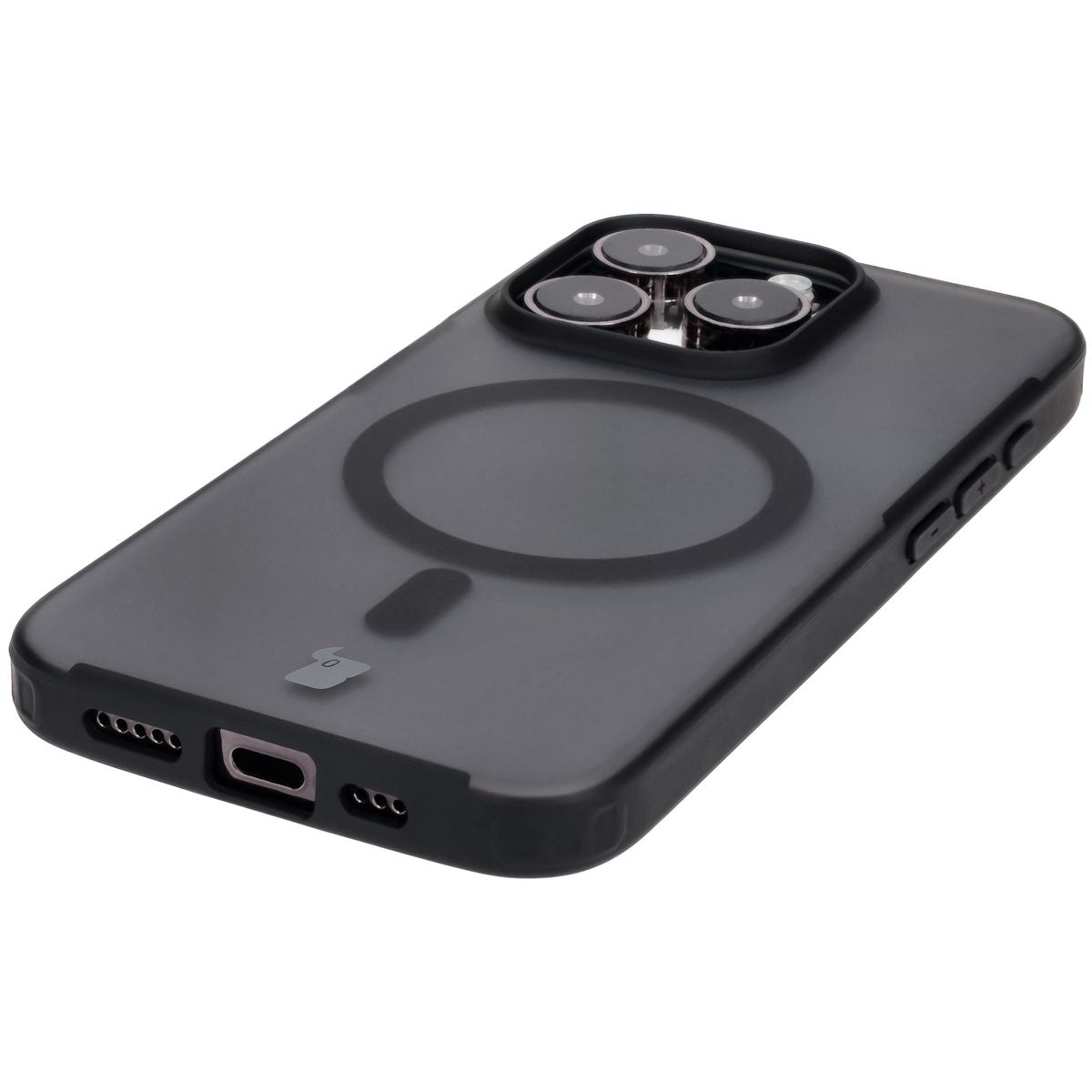 Handyhülle mit Magnetring für iPhone 15 Pro, Bizon Case MatteO, Semitransparent mit schwarzem Rand