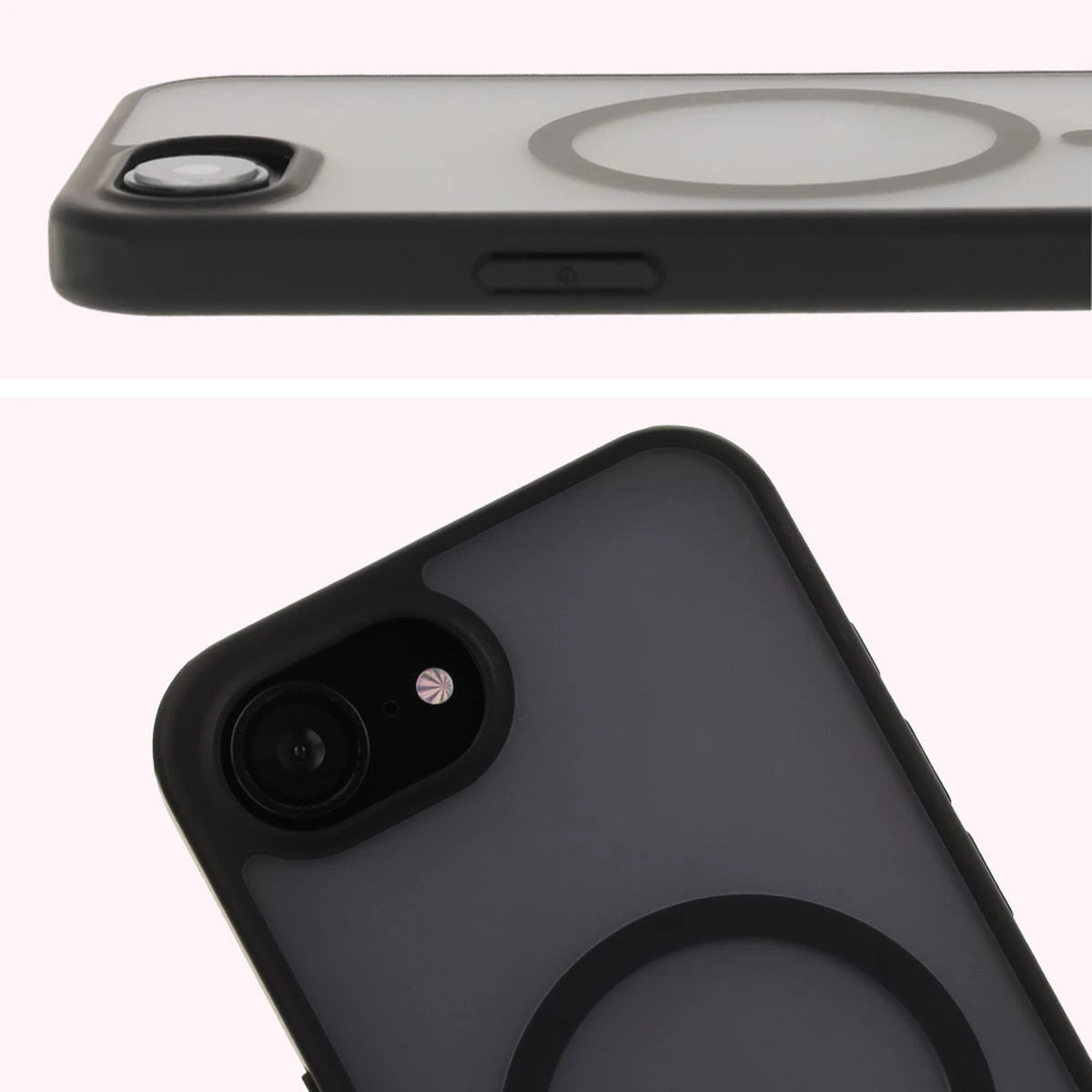Handyhülle mit Magnetring für iPhone 17e / 16e, Bizon Case MatteO, Semitransparent mit schwarzem Rand
