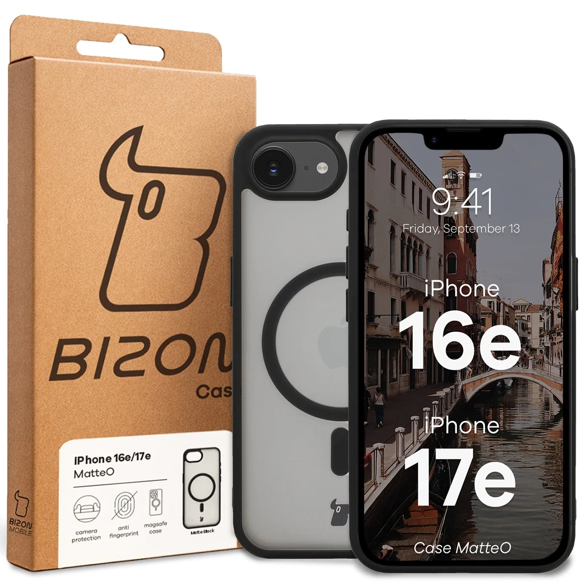 Handyhülle mit Magnetring für iPhone 17e / 16e, Bizon Case MatteO, Semitransparent mit schwarzem Rand